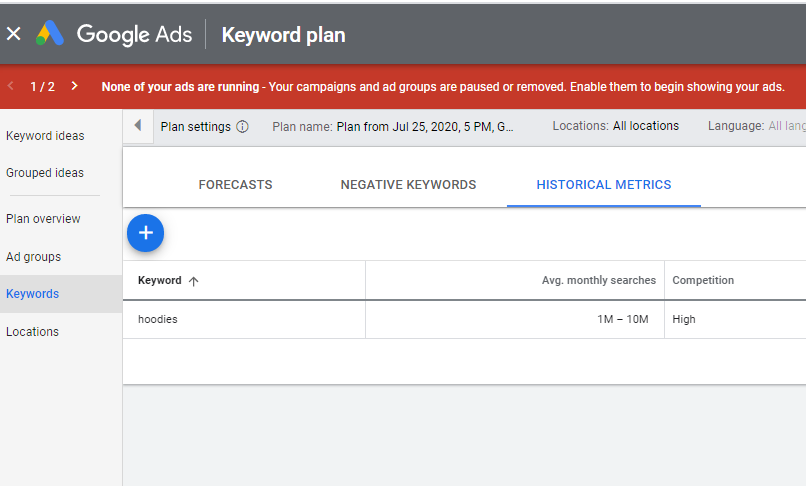 A screenshot of Google Keyword Planner