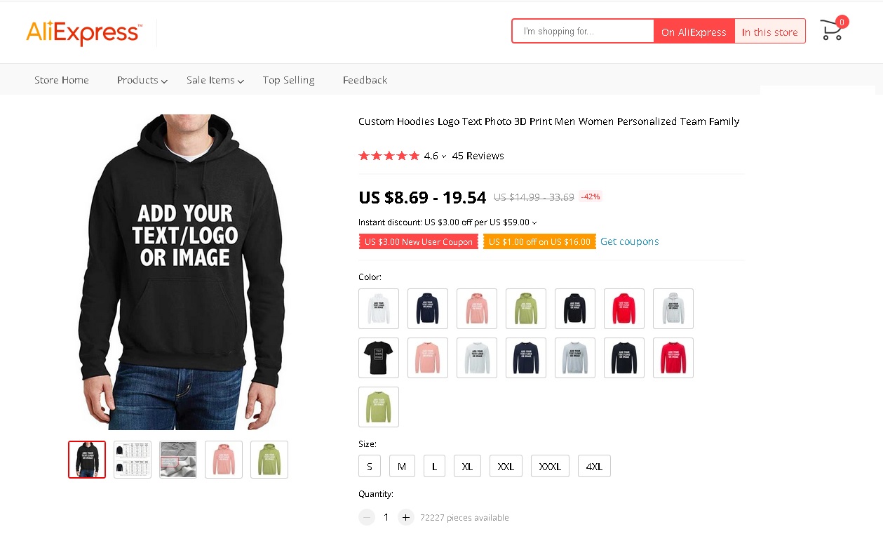 Aliexpress custom hoodie search result for print on demand dropshipping