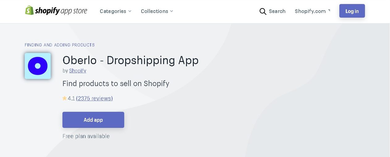 landing page of oberlo app on shopify store