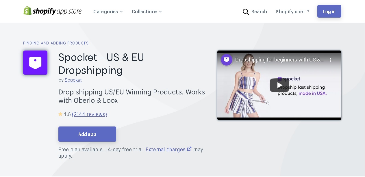 Landing page of Spocket on shopify store